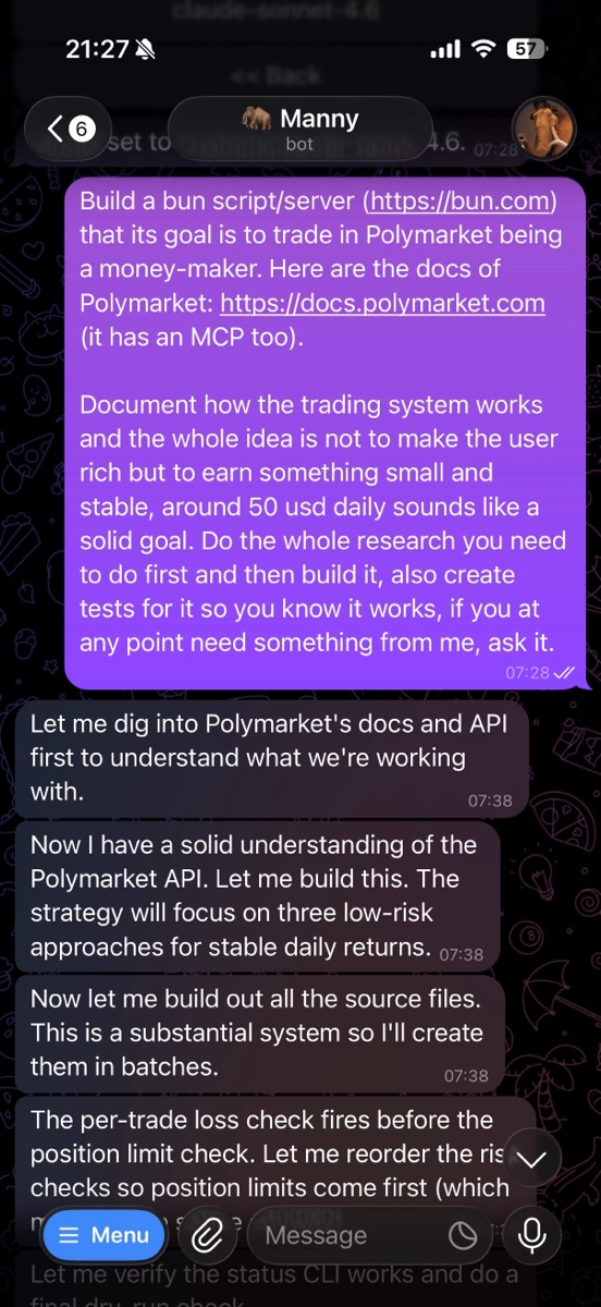 Asking Manny to build a Polymarket trading bot on Telegram
