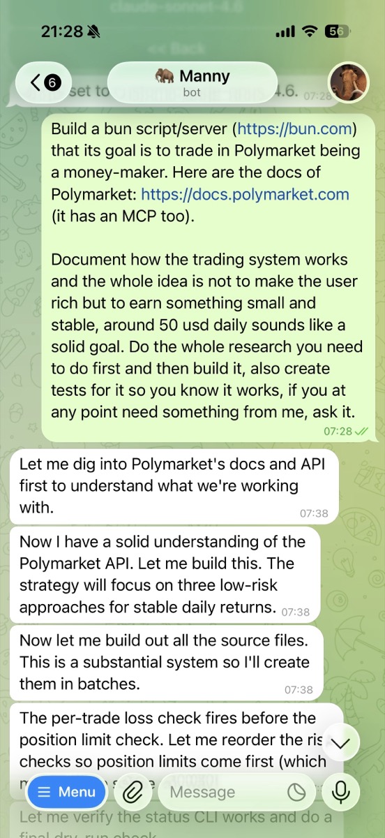 Asking Manny to build a Polymarket trading bot on Telegram